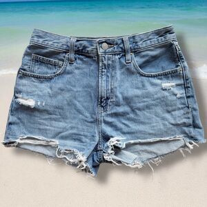 EUC Uniqlo Shorts Womens 25 Blue Denim Jean High Rise Cutoff Distressed Pockets